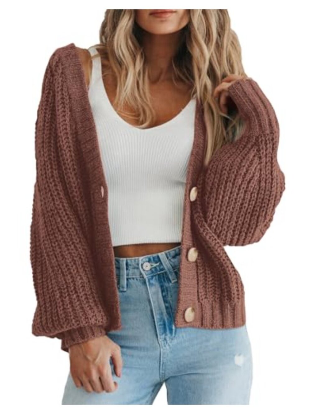 Women Chunky Knit Open Front Button Long Sleeve Cardigan Sweater